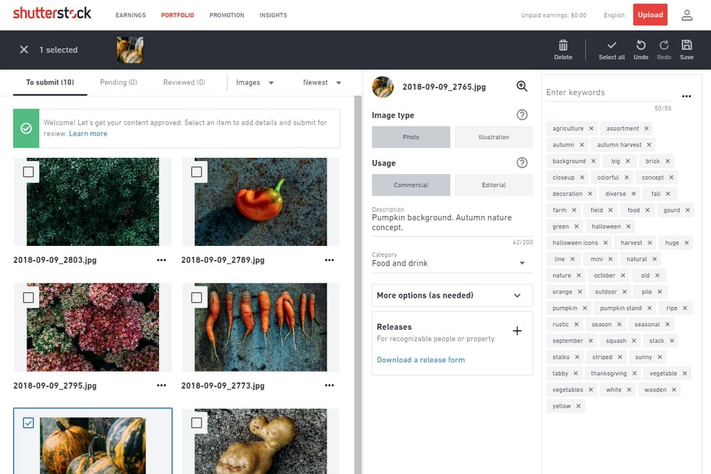 Окно загрузки работ (фотографий) в личном кабинете Shutterstock. Проставление ключевых слов и описания.